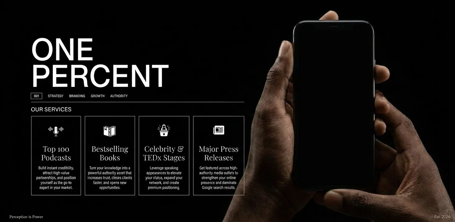 Hands holding a phone beside the Top One Percent services against a dark background