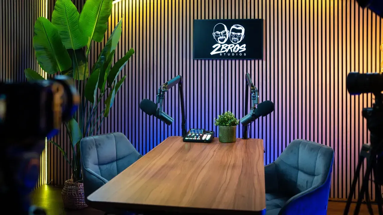 Podcast studio with microphones and cameras