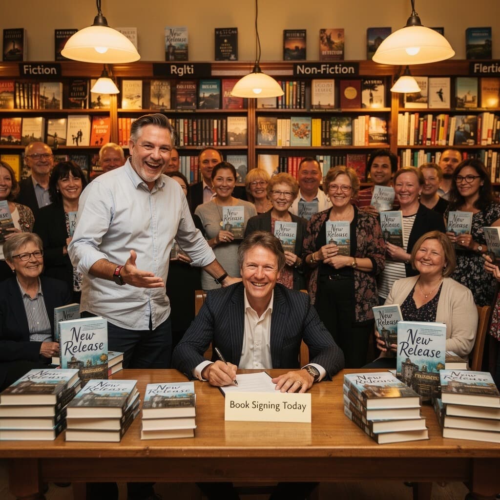 Author signing books at a book launch event